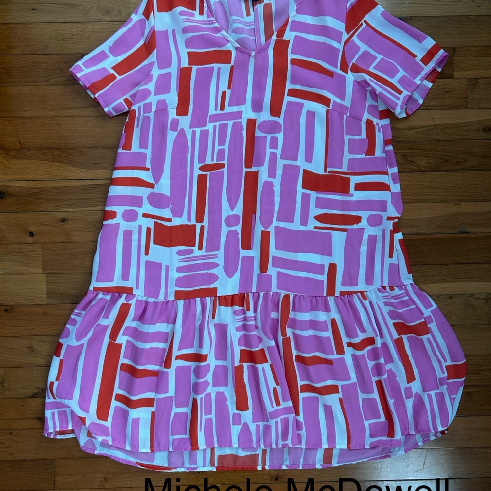 Women’s Pink & Red Patterned Ruffle Hem Dress